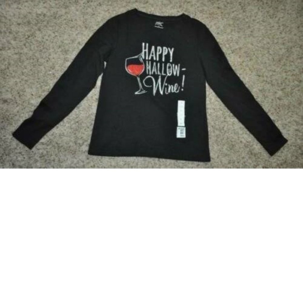 Halloween Shirt Happy Hollow-Wine Small Black Long Sleeve Crew Neck Womens Adult